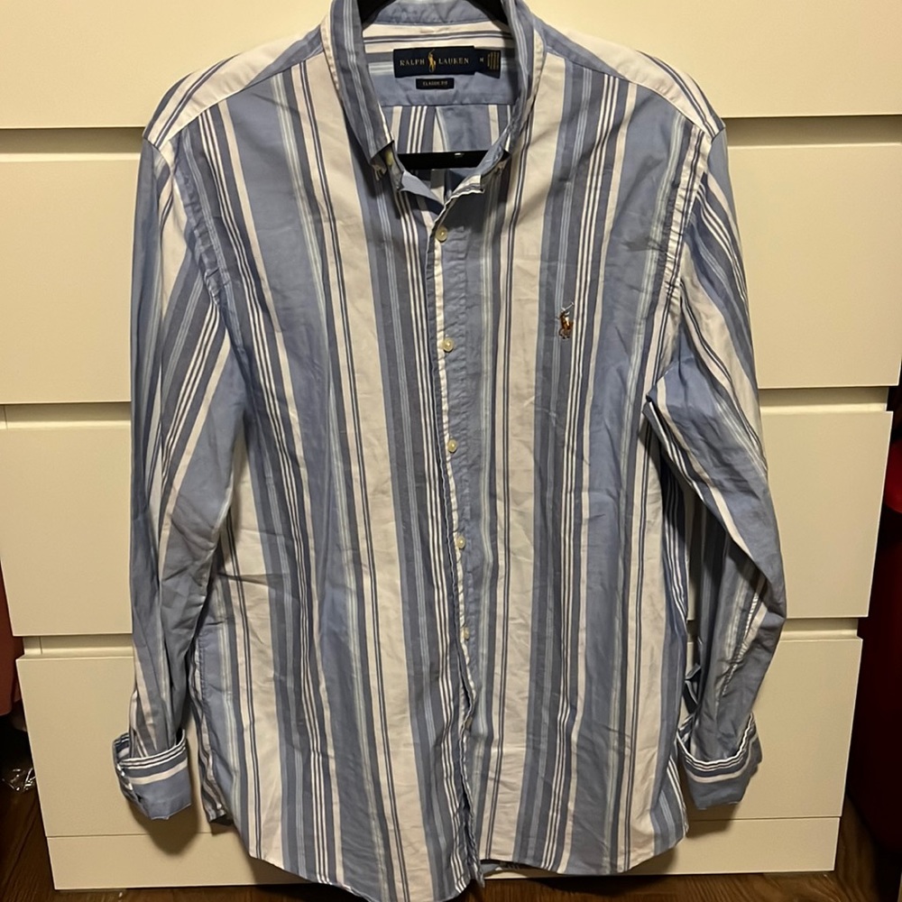 Ralph Lauren collared long-sleeve shirt, various shades of blue and white